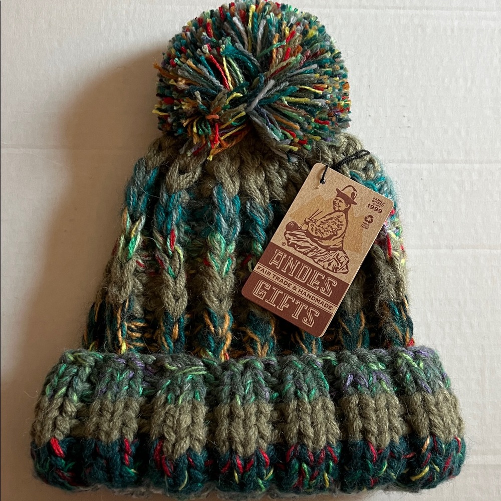 Andes Gifts Altiplano Heavy Knit Fair Trade Beanie Hat w/Pom Pom Handmade NWT